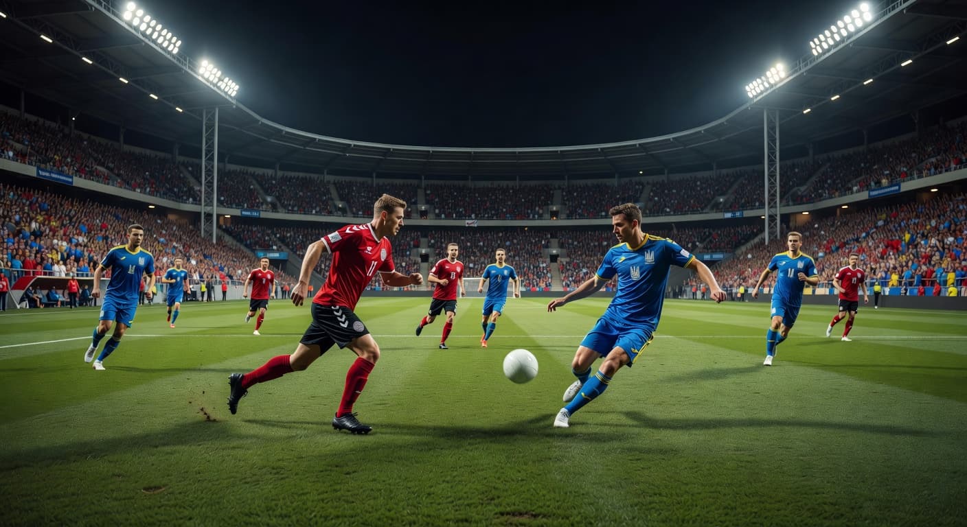 Two competing teams sprint across a vibrant green stadium pitch under high-intensity floodlights. Players maneuver the ball in a dynamic formation while blurred spectators fill the vast stands in the background.