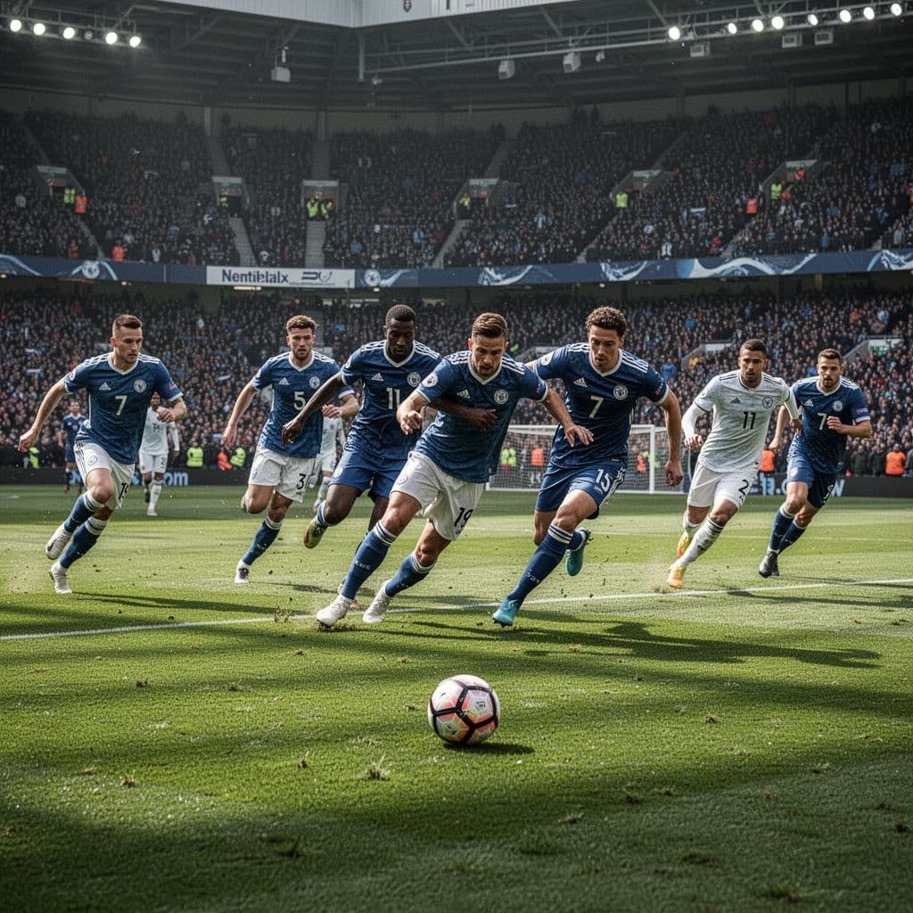 Football players compete on a grassy field in front of a packed stadium during a match.
