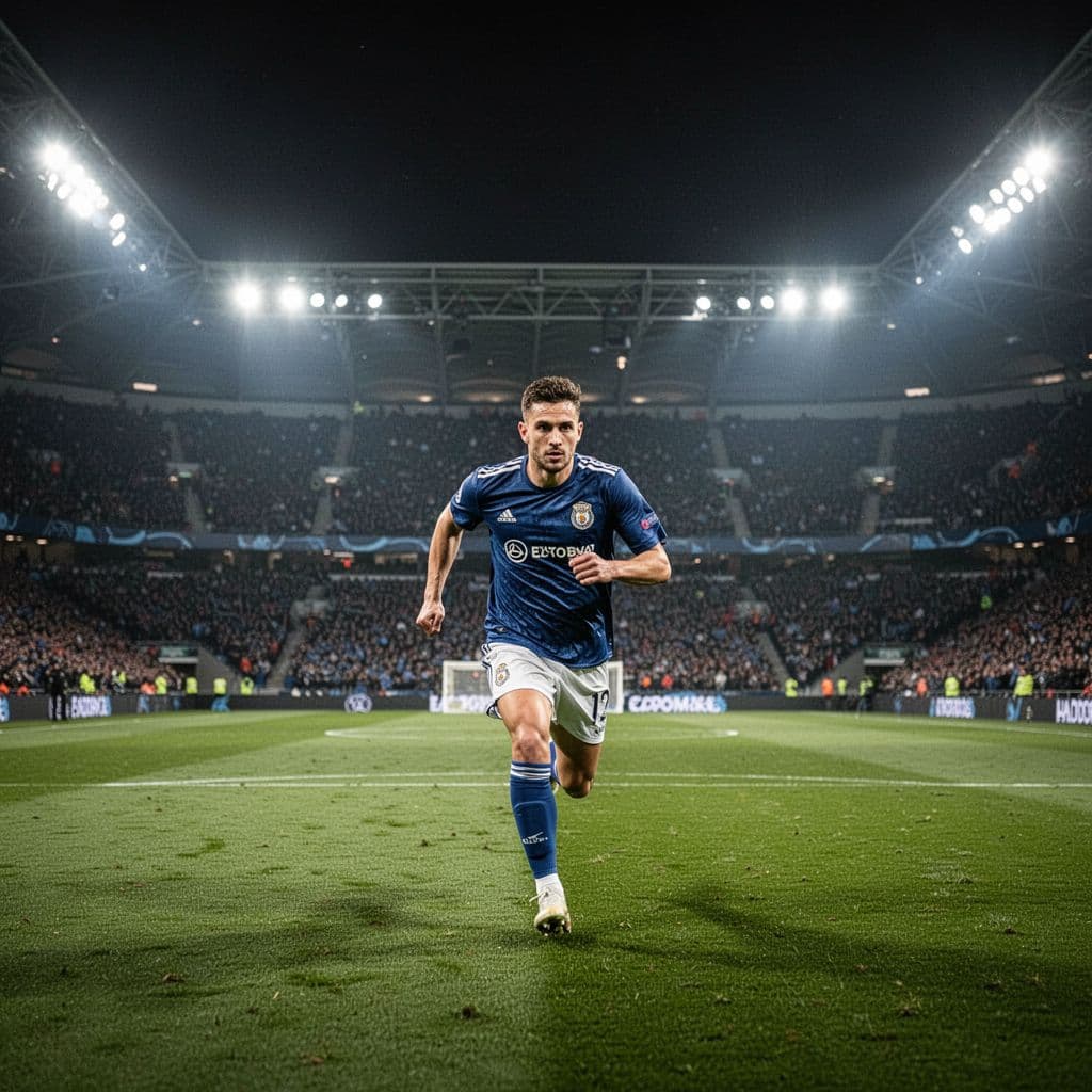 A single player sprints across a brightly lit stadium pitch during an evening football match.
