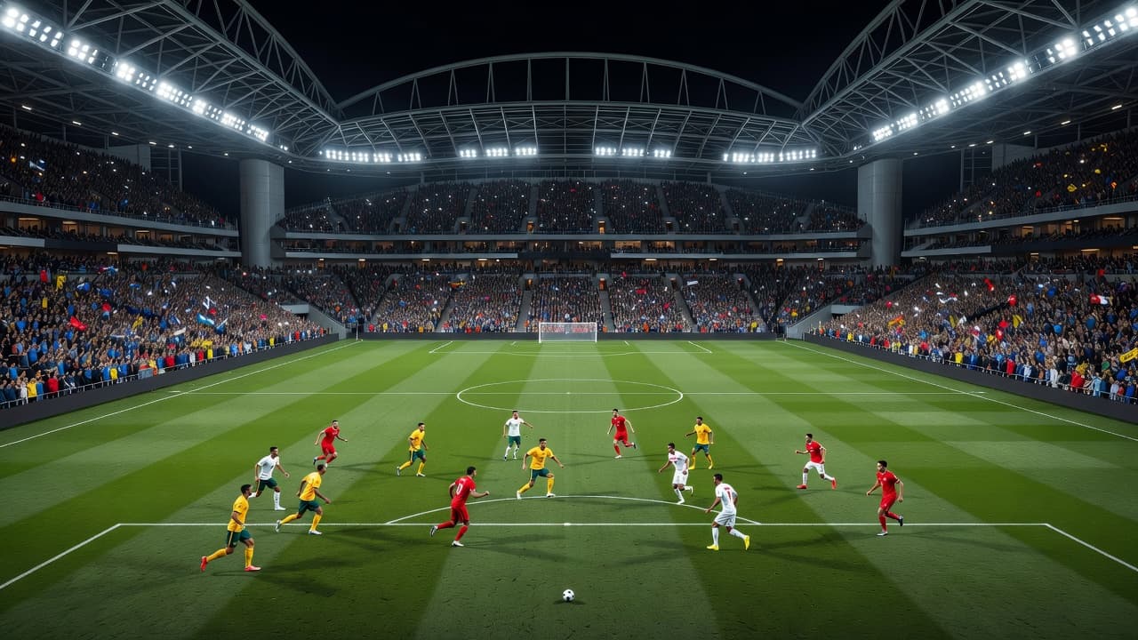 A high-angle view captures a professional football match under bright stadium lights. Athletes compete on the lush green grass of a massive modern arena while the crowd atmosphere remains vibrant.