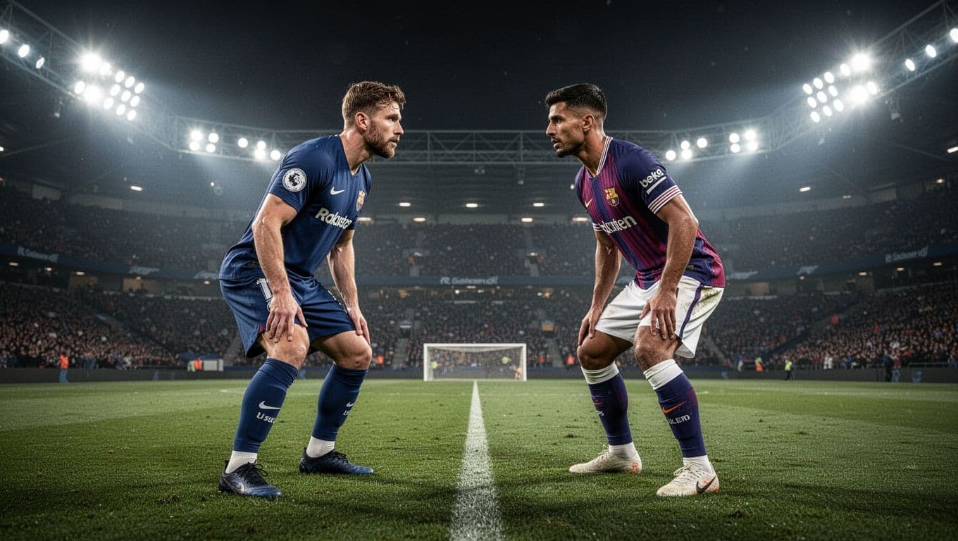 Two athletes in rival team jerseys stand on a vibrant green field. Bright stadium floodlights illuminate the grass while both players maintain a focused, competitive stance during an intense match.