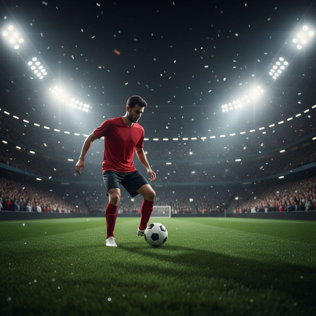 A focused athlete in a vibrant red uniform skillfully maneuvers a soccer ball across a lush, illuminated grass pitch. Bright stadium floodlights cast dramatic shadows during the intense night match.