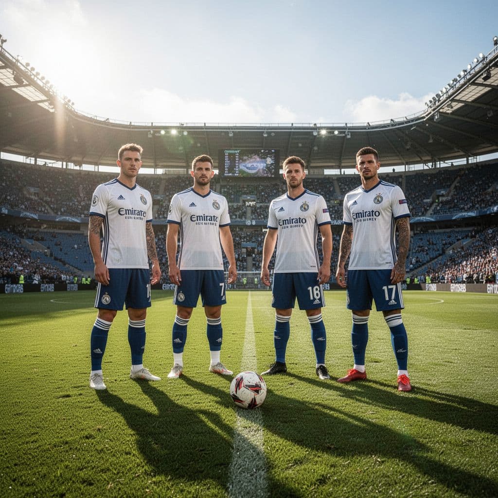 Four football players in blue and white jerseys compete on a sunny grass field during a match.