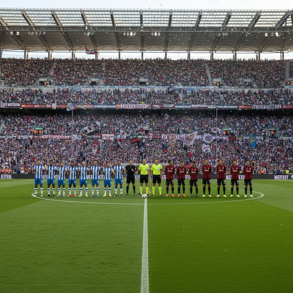 Two opposing soccer teams stand on the green grass of a vast stadium at daylight. The players face each other across the pitch before the referee signals the start of play.