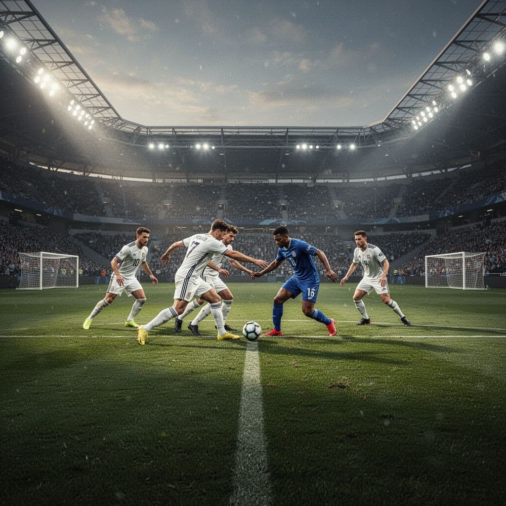 Two professional football teams compete for possession during an intense match on a grass field.