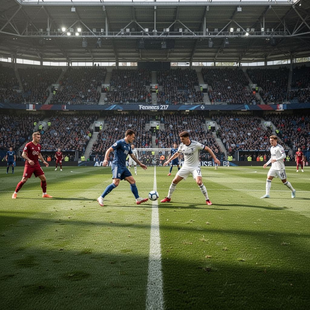 Two professional football teams square off at midfield during a tense match under bright daylight.