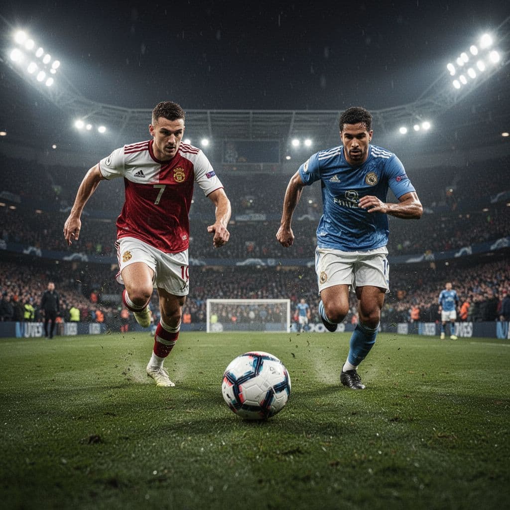 Professional players compete for a single ball on a grass pitch under bright stadium floodlights at night.