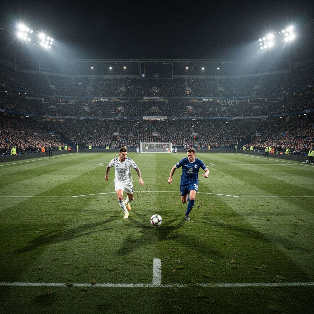 Two teams compete for the ball on a brightly lit grass pitch inside a crowded stadium.