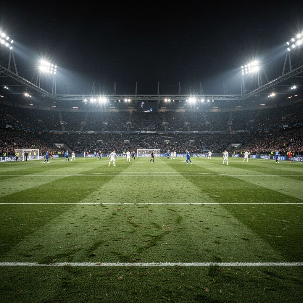 Bright floodlights illuminate a vibrant green grass pitch during a night football match inside a stadium.