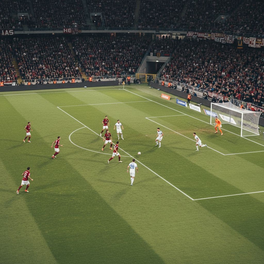 Players in red and black jerseys attack towards the goal during a floodlit night match.