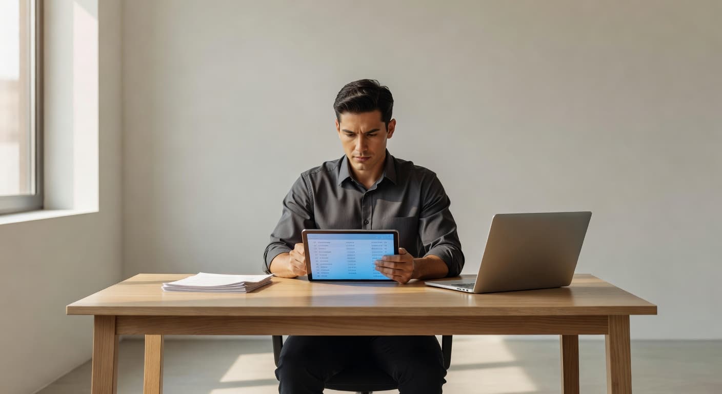 A focused individual sits at a clean, minimalist desk in a sunlit office, reviewing match details on a tablet. The organized workspace features professional lighting and a serious, productive aesthetic.