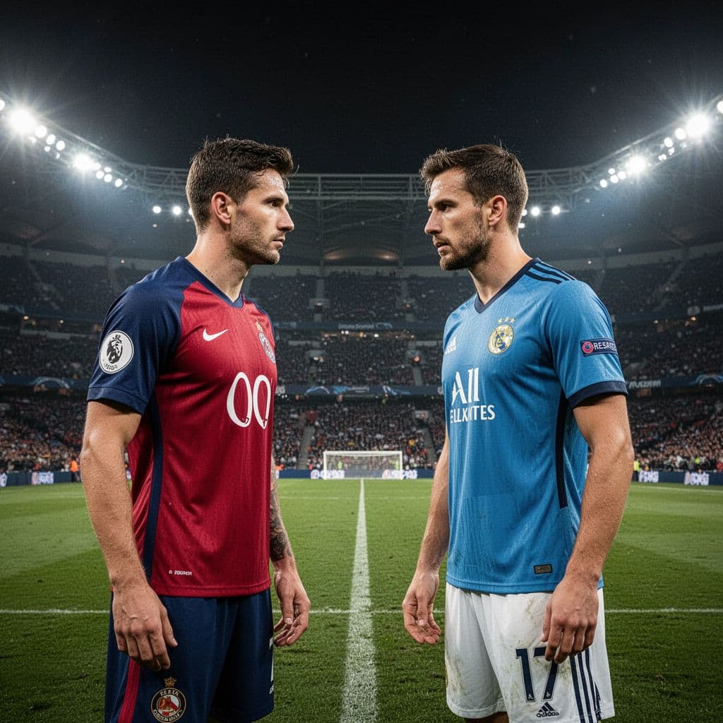 Dua pemain sepak bola profesional dari tim berbeda saling berhadapan di tengah lapangan stadion besar pada malam hari, dengan cahaya lampu sorot yang kuat dan suasana pertandingan final Eropa yang tegang, tanpa teks dan tanpa logo.
