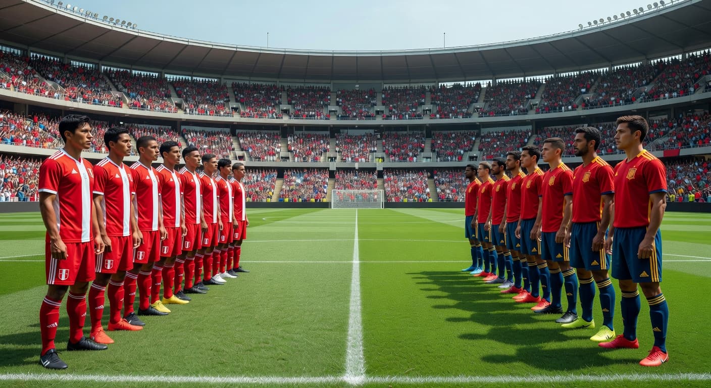 Two opposing national football squads stand on a lush grass pitch inside a vast, packed stadium during daylight. Players in distinct colored kits prepare for the intense opening kickoff of competition.