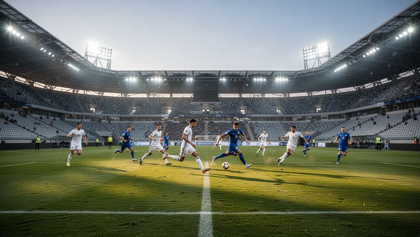 Players compete during a professional football match under bright floodlights at a modern Romanian stadium.
