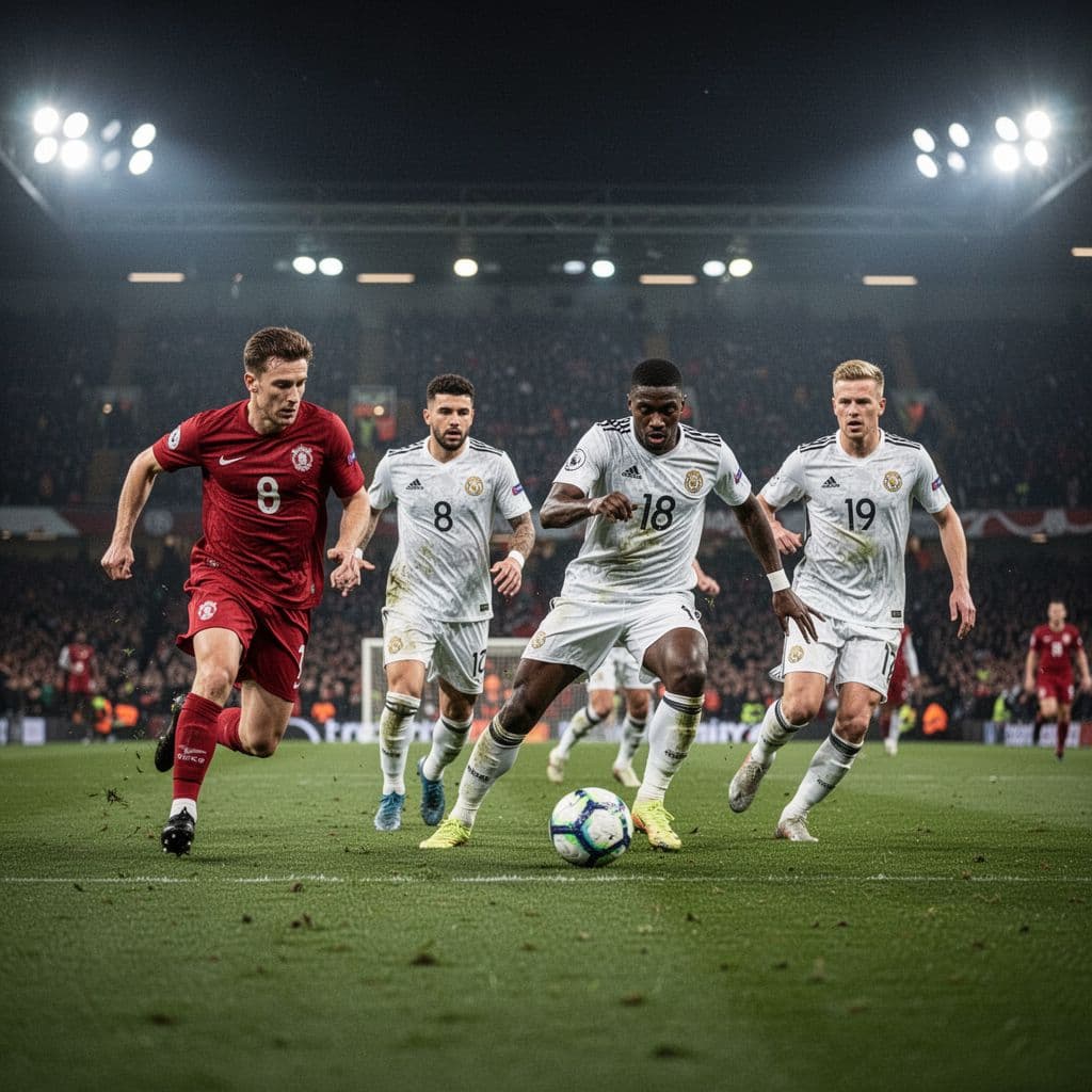 A player in a red jersey sprints rapidly down the wing during a night match. Nearby, three defenders in white jerseys form a tense defensive cluster in the illuminated stadium midfield.