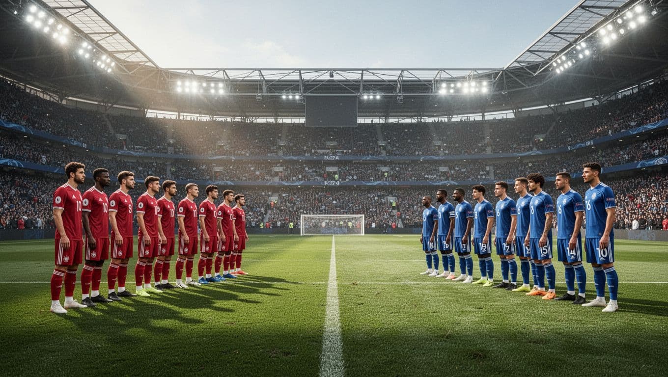 Two teams wearing contrasting red and blue jerseys line up on a vibrant green grass pitch. The expansive stadium is brightly lit with a vast, blurred crowd filling the background seats.
