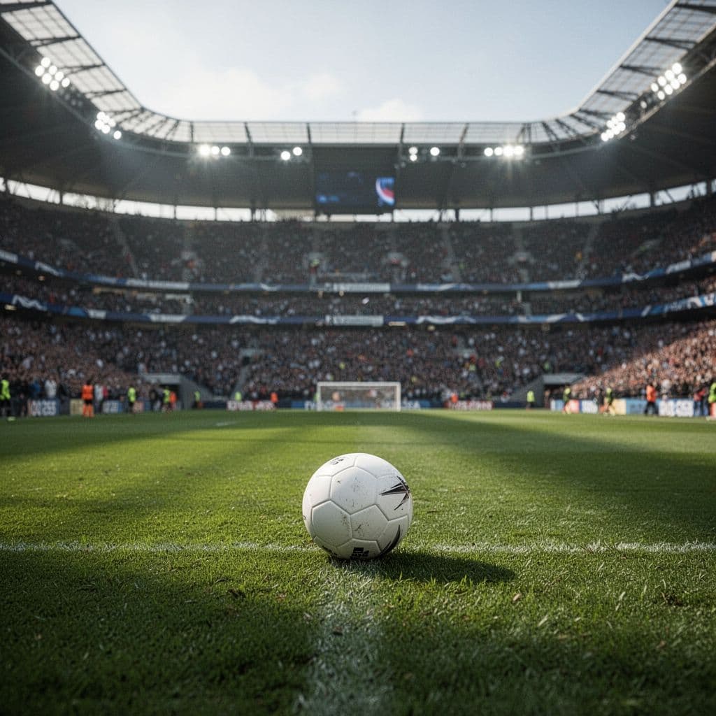 A single football rests on a lush green pitch inside a brightly lit professional stadium.