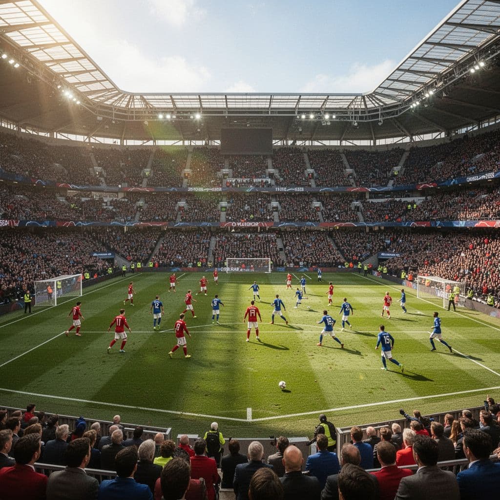 A high-angle view shows players in red and blue kits competing on a sunny stadium pitch.