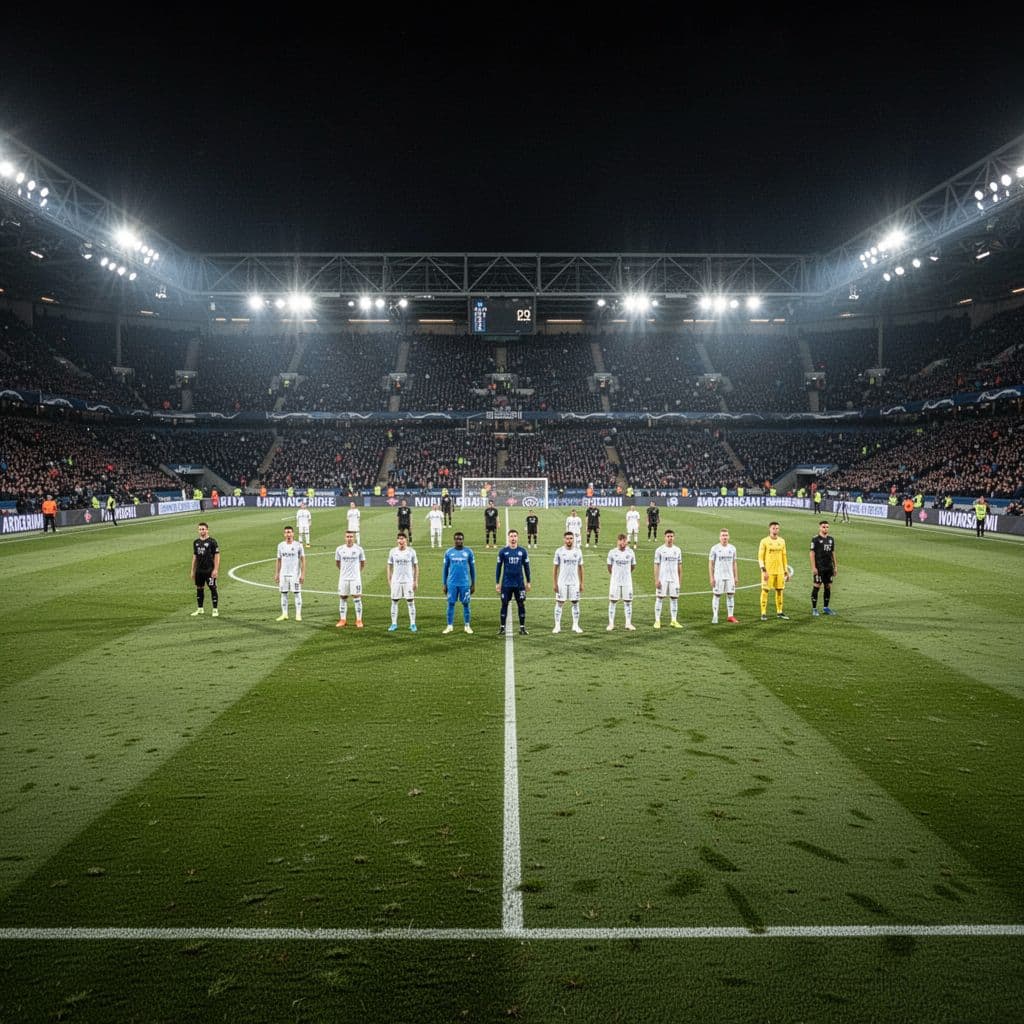 Players stand in formation on a brightly lit football pitch before the start of a night match.