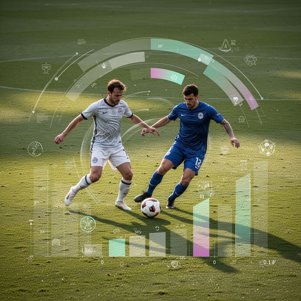 A football player runs across a vibrant green field during a professional match. Transparent, modern data overlays displaying performance metrics are subtly integrated into the stadium atmosphere for enhanced tactical analysis.