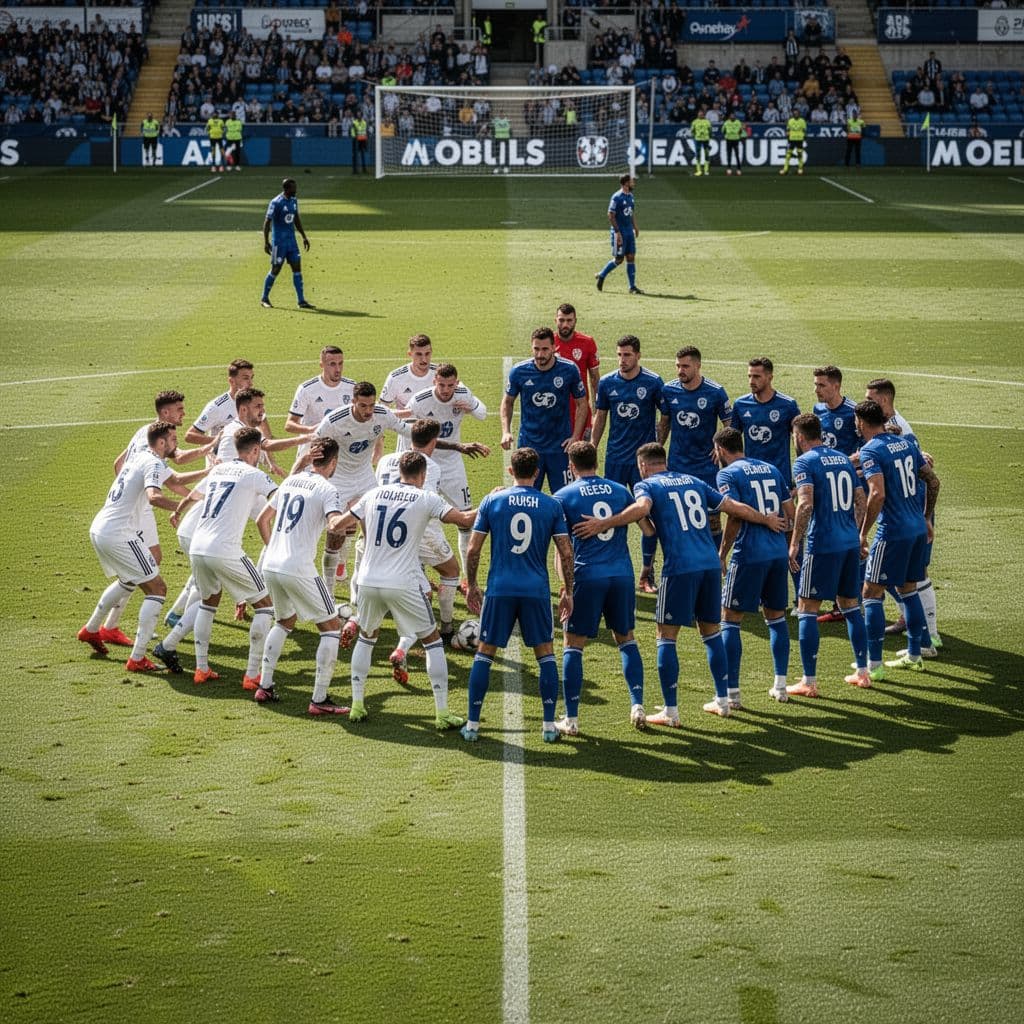 White jersey athletes press forward against a dense blue defensive line on a sunny pitch. The strategic positioning highlights the tactical engagement between two opposing teams during a competitive league game.