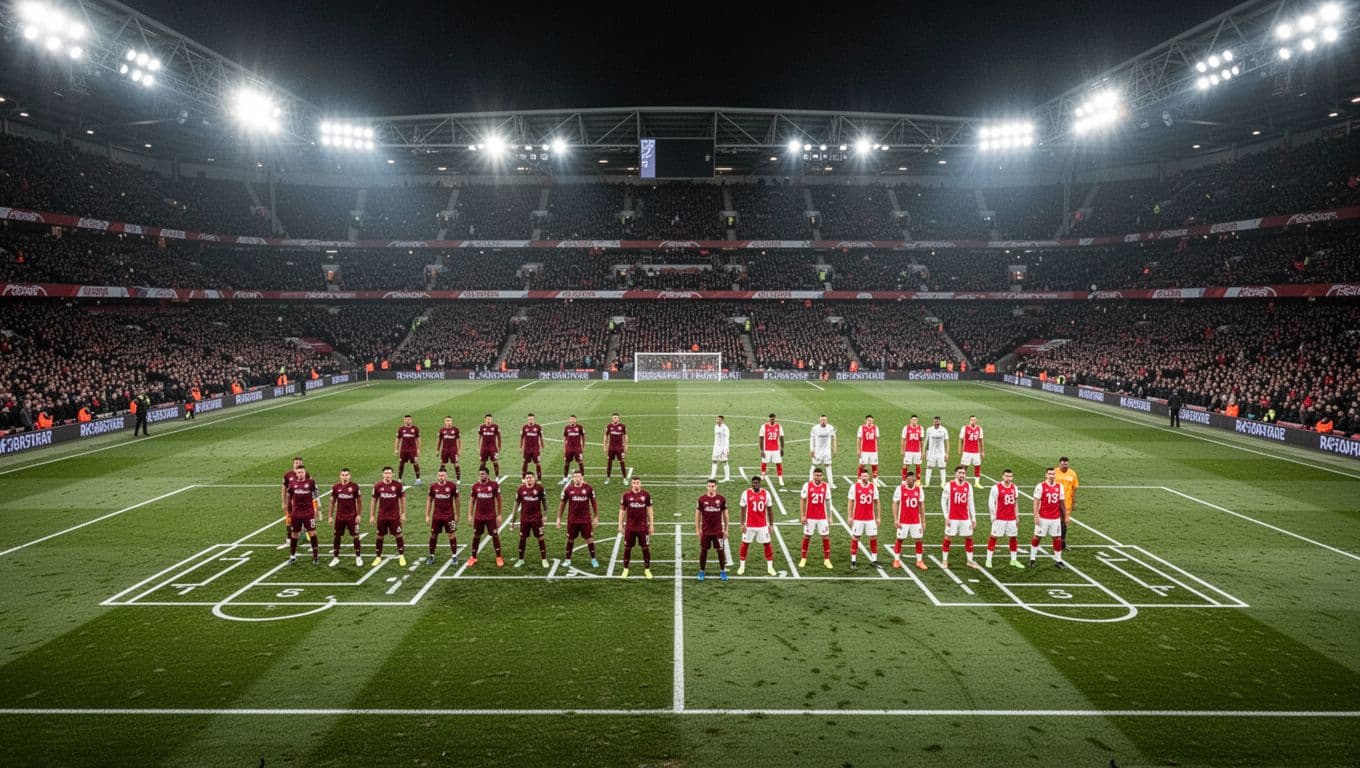 Two competing teams in maroon and red-white jerseys stand in tactical formations across a massive grass stadium pitch. Bright floodlights illuminate the field from above, highlighting the players during this match.