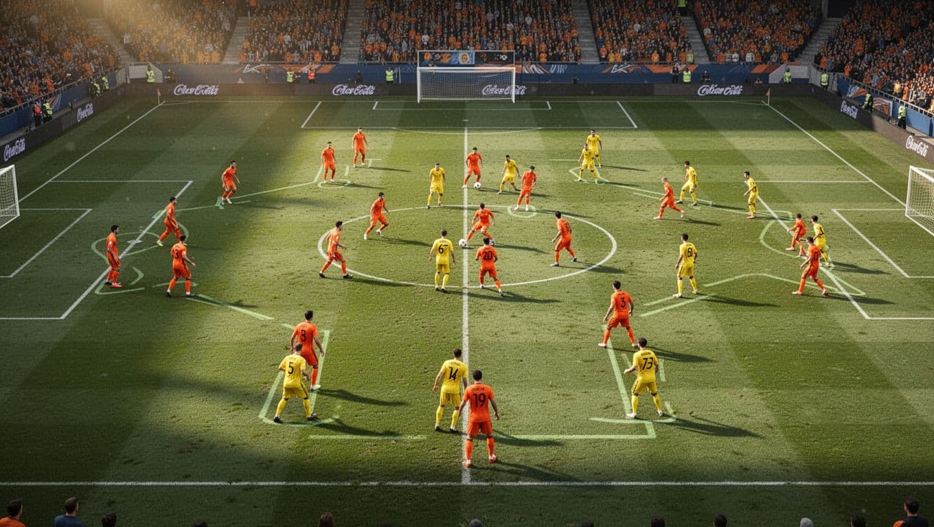 Players in vibrant orange and yellow jerseys compete across a sprawling green field during an afternoon match. This overhead perspective highlights the tactical spacing and athletic positioning of both professional squads.