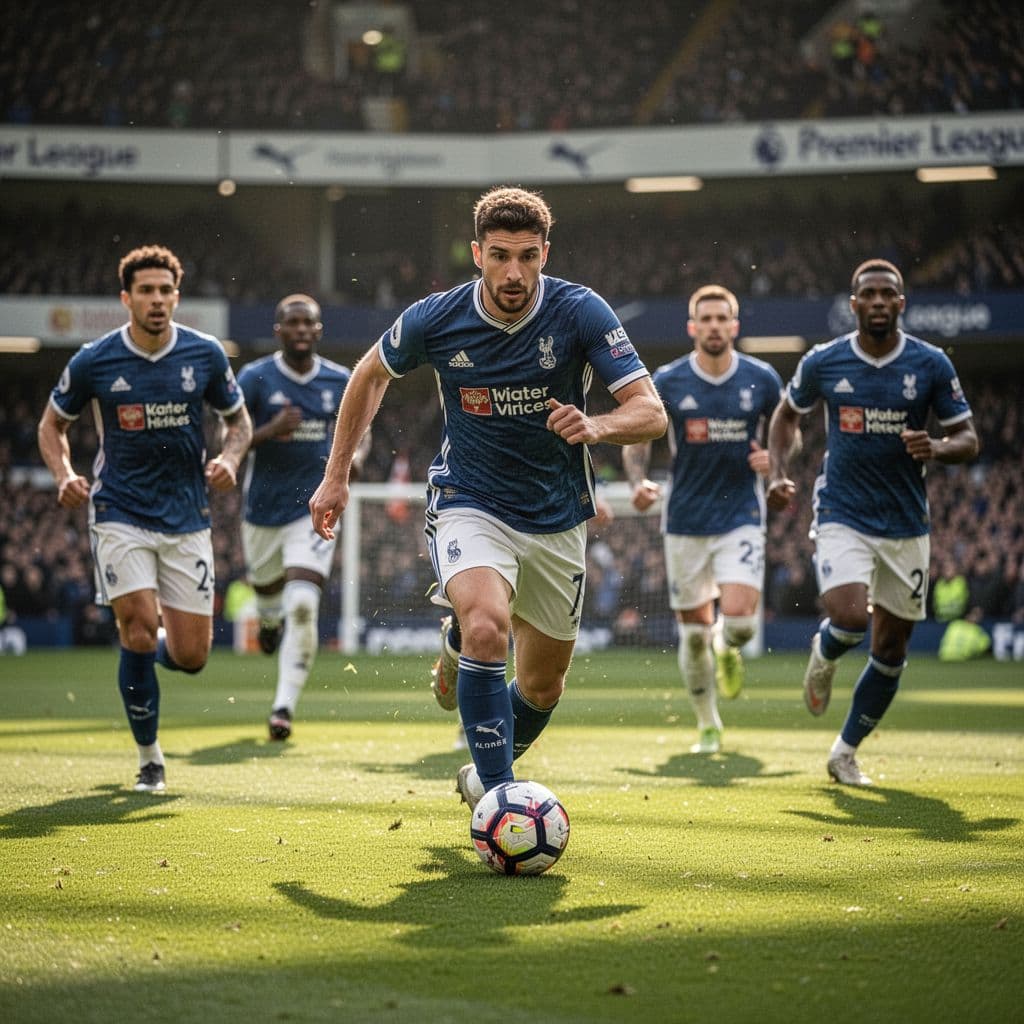 A focused football player competes on the pitch during a sunny afternoon match.