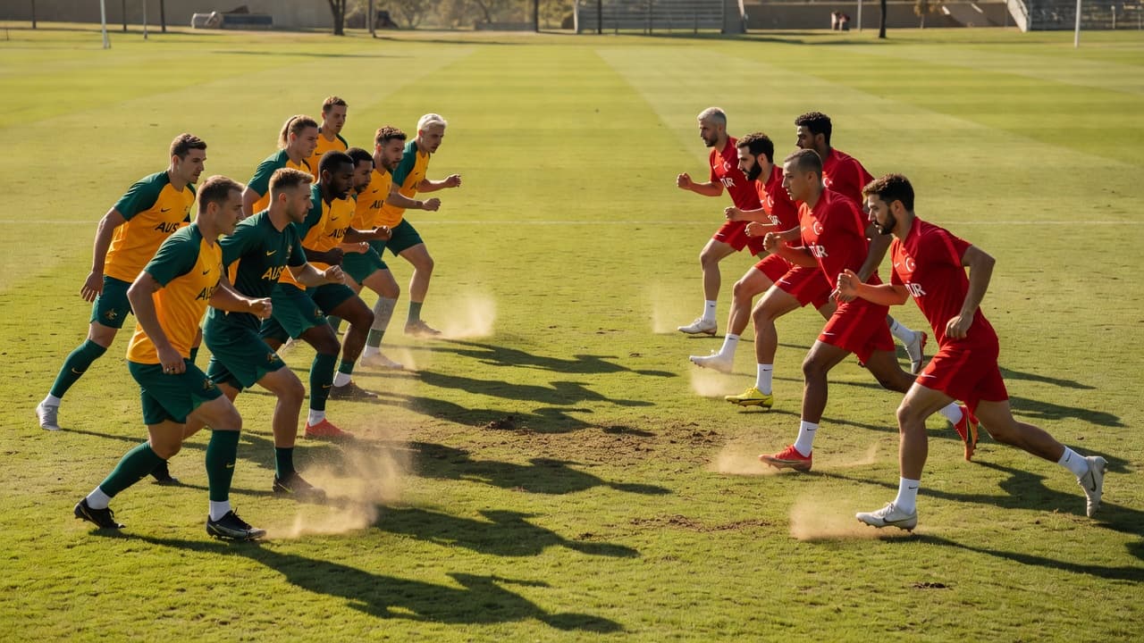 Dua tim profesional berlatih di sisi berbeda lapangan hijau, suasana fokus dan tegang menjelang laga besar.