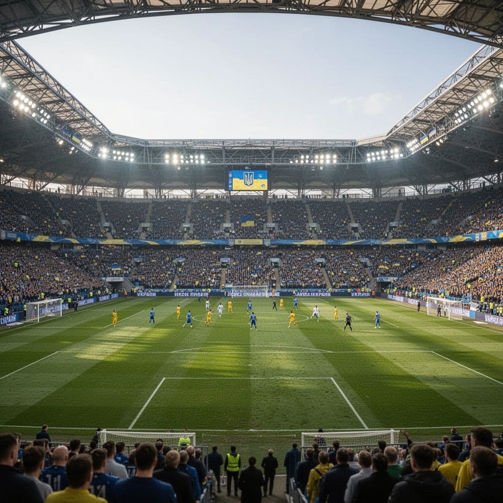 Players compete on a lush green pitch inside a professional stadium under bright daylight.