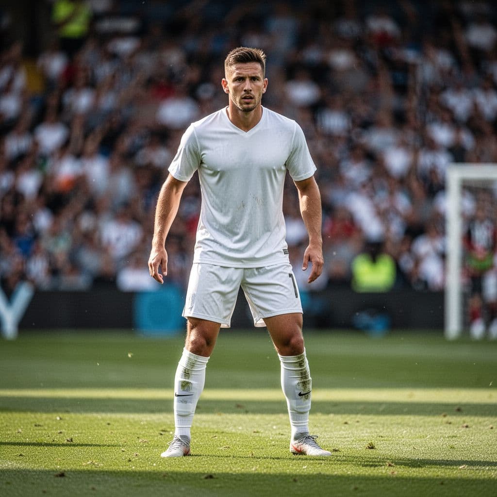 A focused midfielder in a crisp white jersey stands alone on a vibrant green grass pitch. The background is softly blurred, highlighting his calm stance as he prepares for a pass.