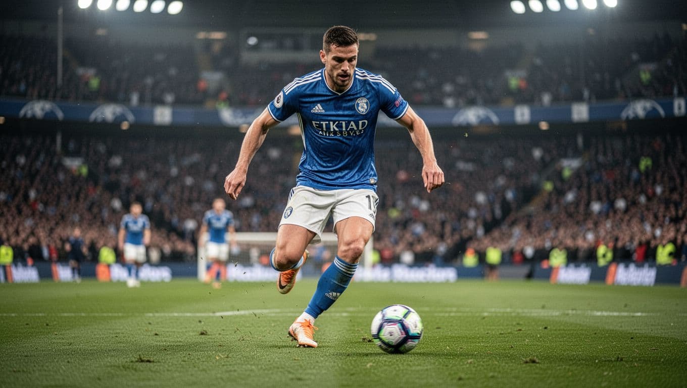 A focused athlete navigates a soccer ball across a lush green stadium field during an intense match. His dynamic posture and rapid movement create a sense of speed against the blurred arena.