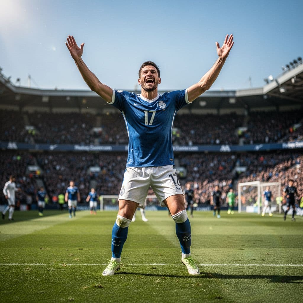 A professional athlete celebrates scoring a goal on a sunny, green football pitch.