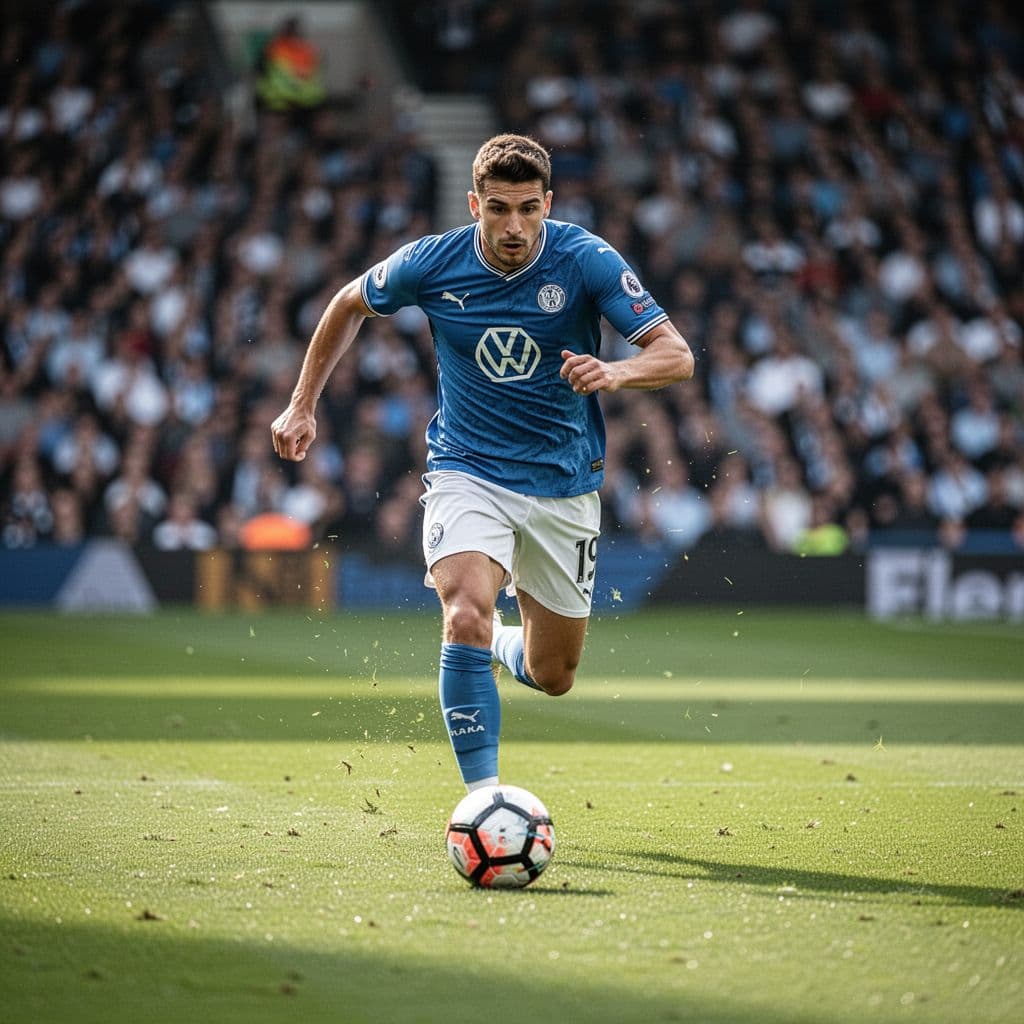 A focused athlete in a jersey maneuvers a soccer ball across a lush green pitch. In the background, a massive stadium stands filled with a soft-focus, vibrant crowd during daylight.