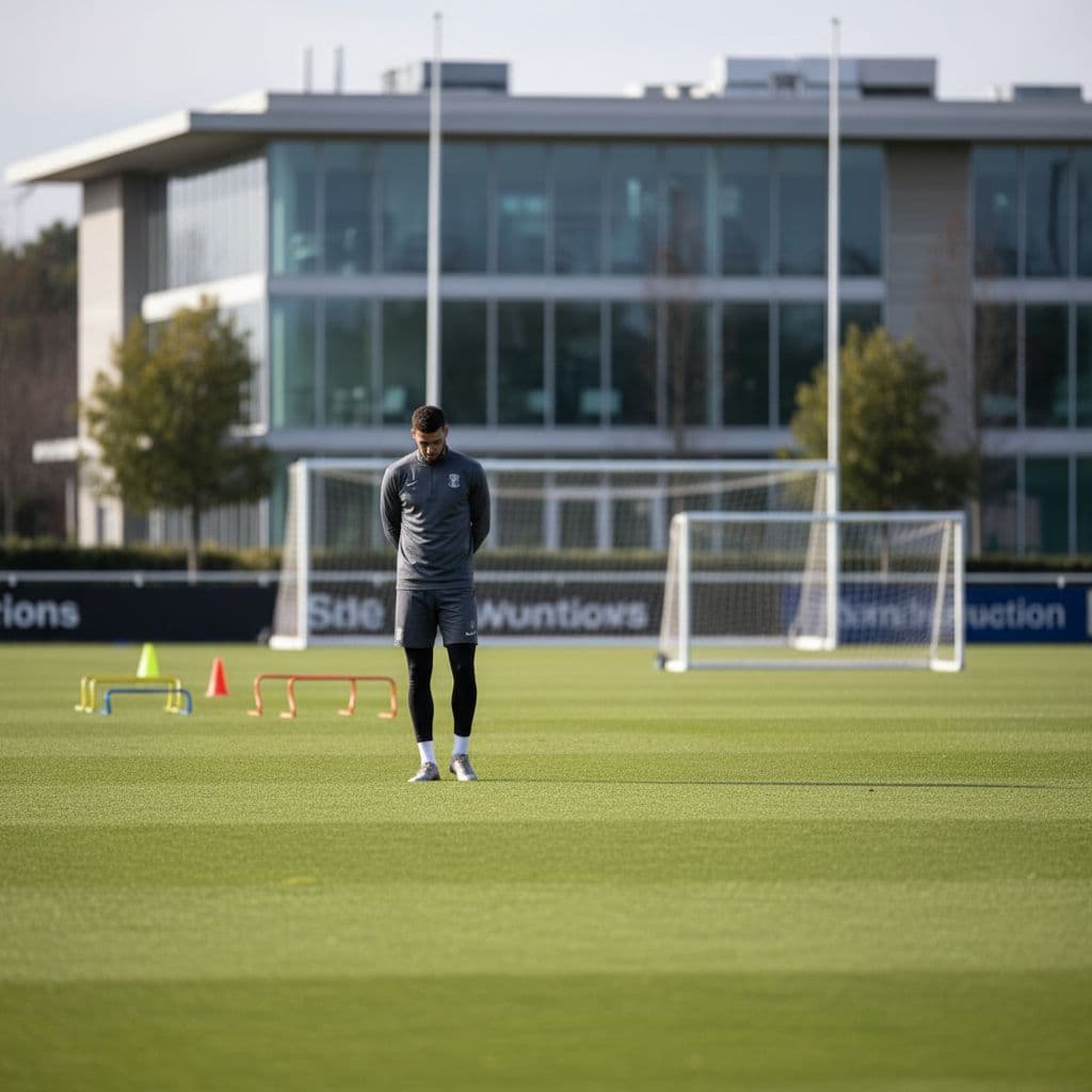 A focused football player stands calmly on a training pitch during a session break.
