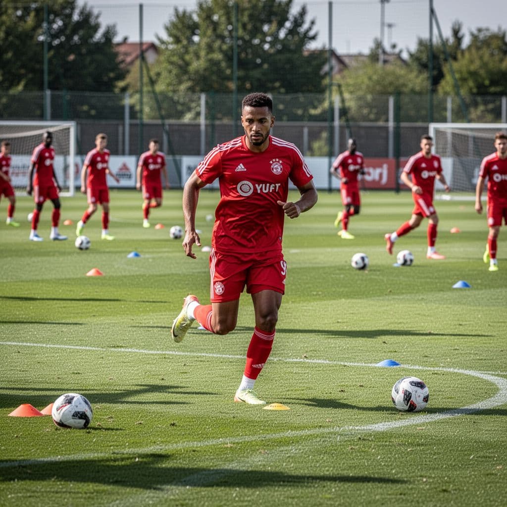 A football player in a red kit runs across a bright green training pitch.