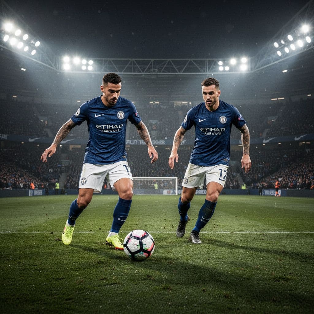 Two athletes in contrasting uniforms engage in a tense match on a vibrant green pitch. The ball handler advances while his opponent follows closely under the glow of stadium lights.