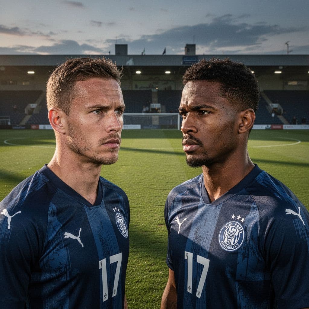 Two professional football players in competing team kits stand facing each other on a soccer field at dusk.
