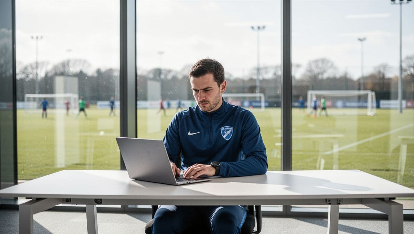 A focused scout sits at an office desk while studying complex digital player statistics on a laptop. Through the window, a soft-focus view reveals an outdoor professional sports training field.