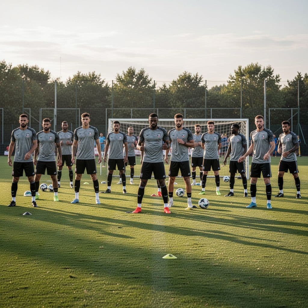Athletes in matching kits stretch and run across a vast green grass field during the golden hour. The composition emphasizes the expansive depth of the bench and the squad members warming up.