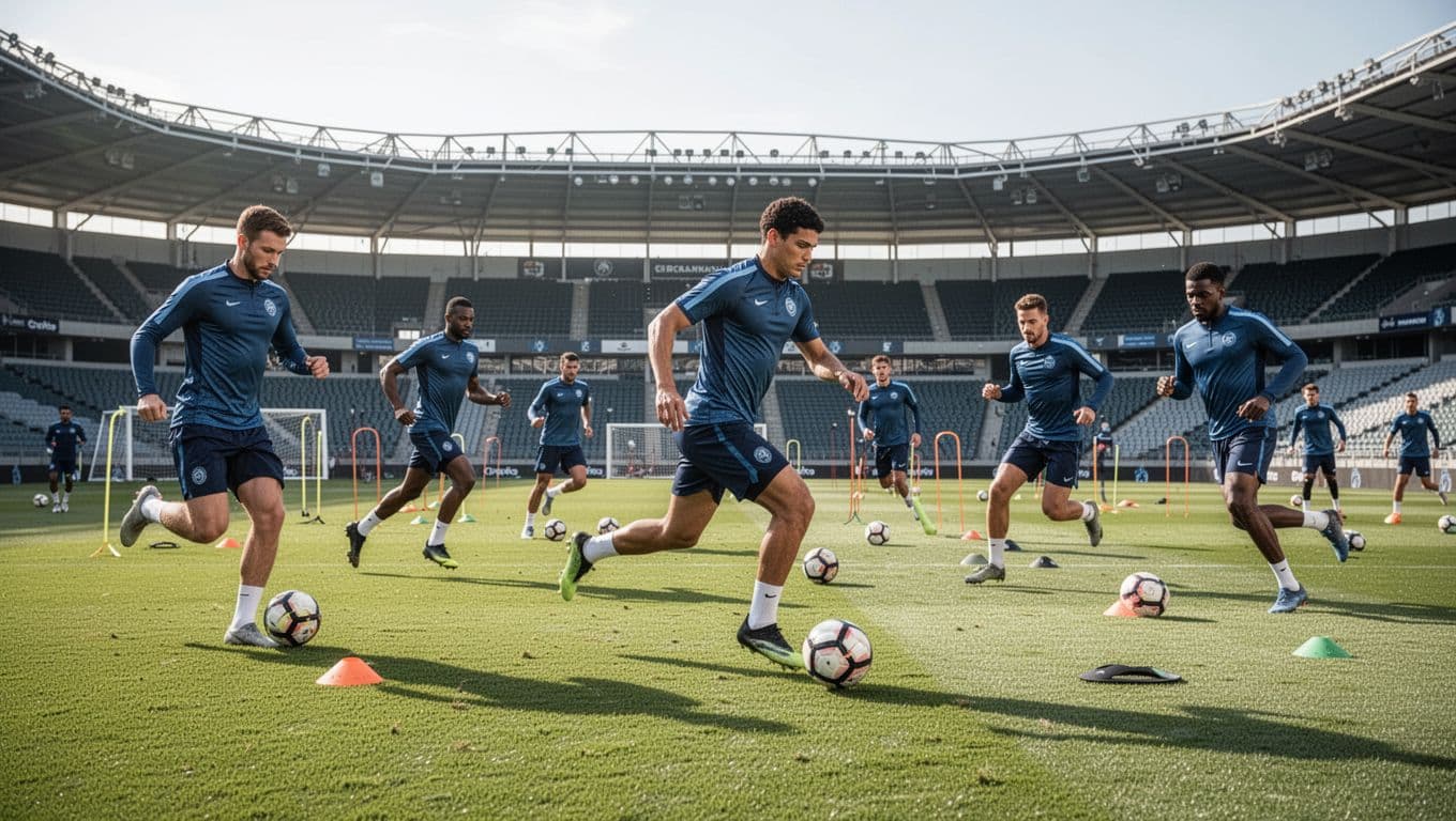 Athletes in matching training kits perform agility drills on a pristine grass pitch. The background features a modern stadium structure under bright, clear daylight conditions without any spectators present.
