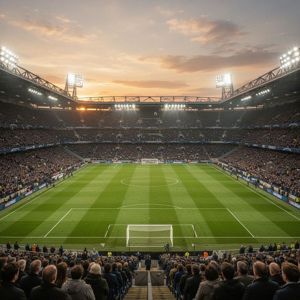 A high-angle view of a professional football stadium featuring a green pitch under stadium lights at sunset.