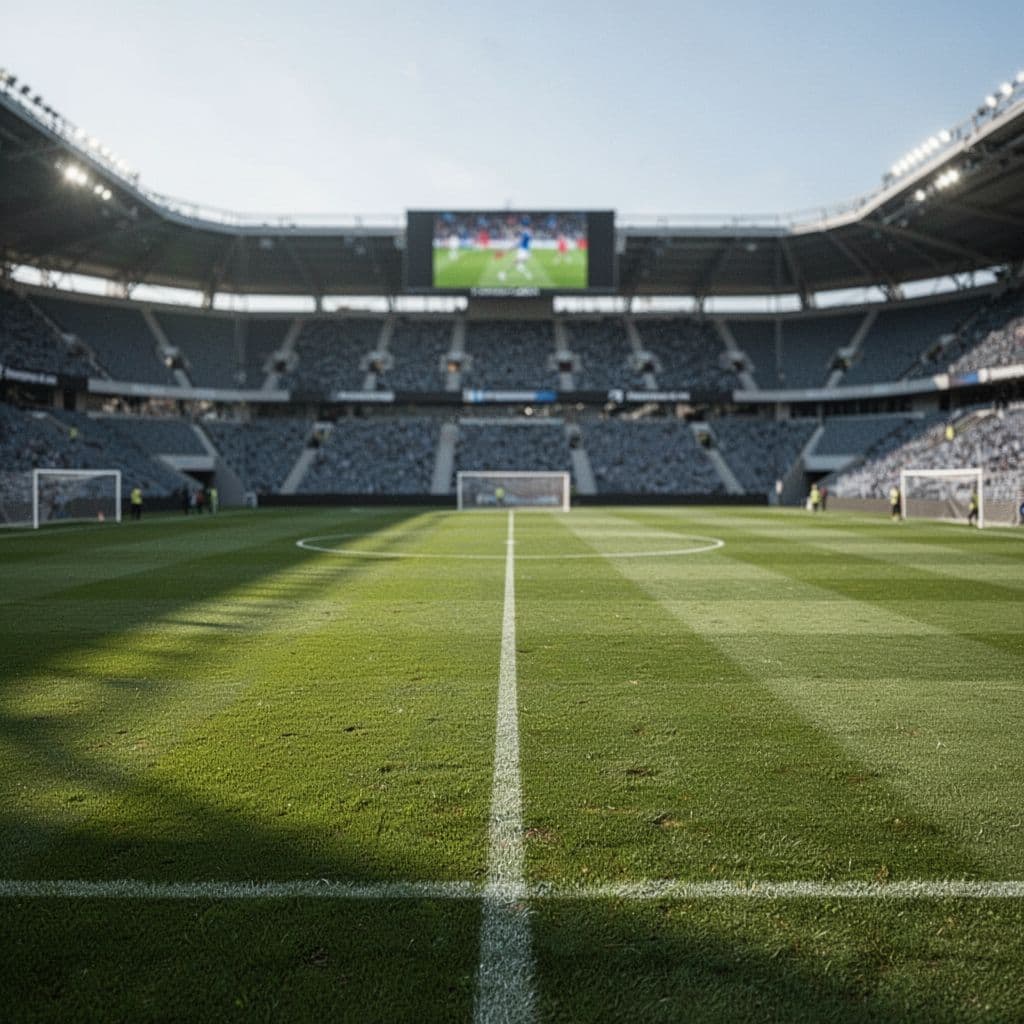 A wide view of a pristine football pitch with a blurred scoreboard in the distance.