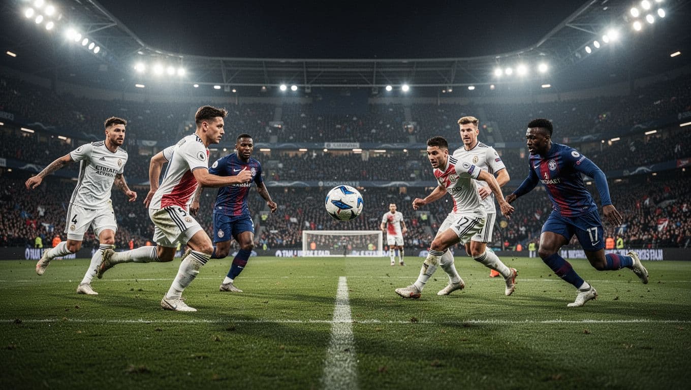 Players in colorful kits compete for control of the ball in the center of a lush green pitch. High-intensity stadium floodlights illuminate the arena while fans blur into the background stands.
