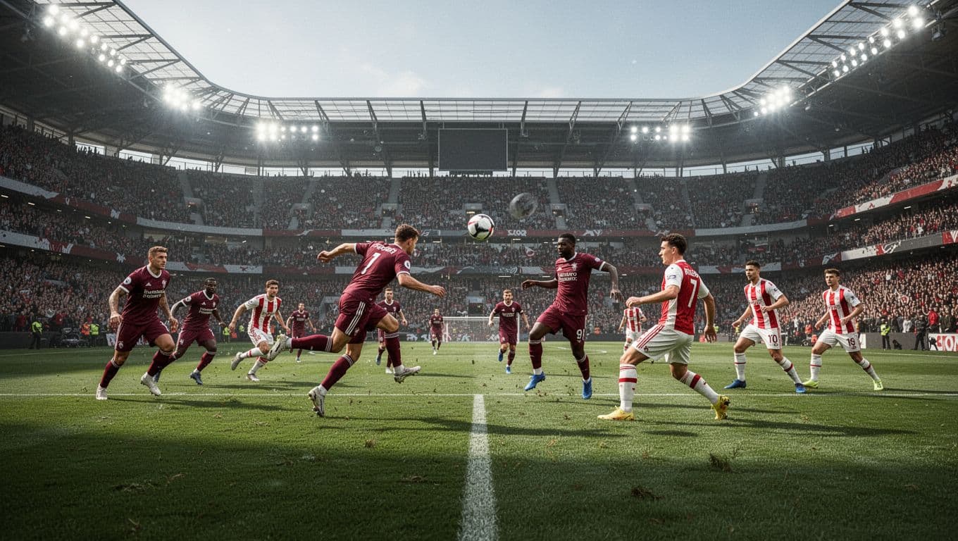 Players in maroon and red-white jerseys compete intensely on a vast green pitch inside a massive, brightly illuminated stadium. Spectators fill the surrounding stands while athletes focus on the game.