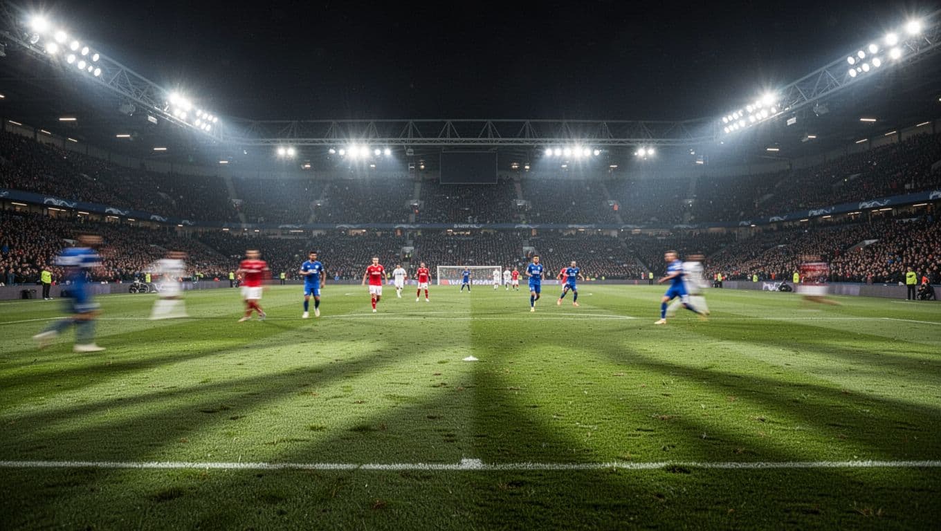 Bright stadium lights illuminate a lush green grass field during a professional match. Faint figures of competing players in red and blue uniforms stand on the pitch under the dramatic floodlights.
