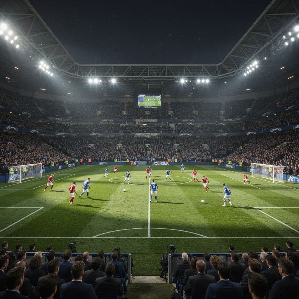 A wide angle view of an illuminated football stadium packed with fans during a competitive match.