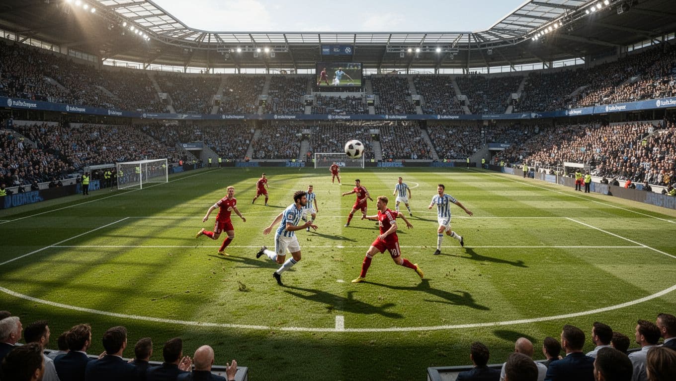Players in colorful jerseys compete on a vibrant green grass pitch within a packed stadium. Bright sunlight illuminates the sprawling arena while thousands of spectators watch from the tiered concrete stands.