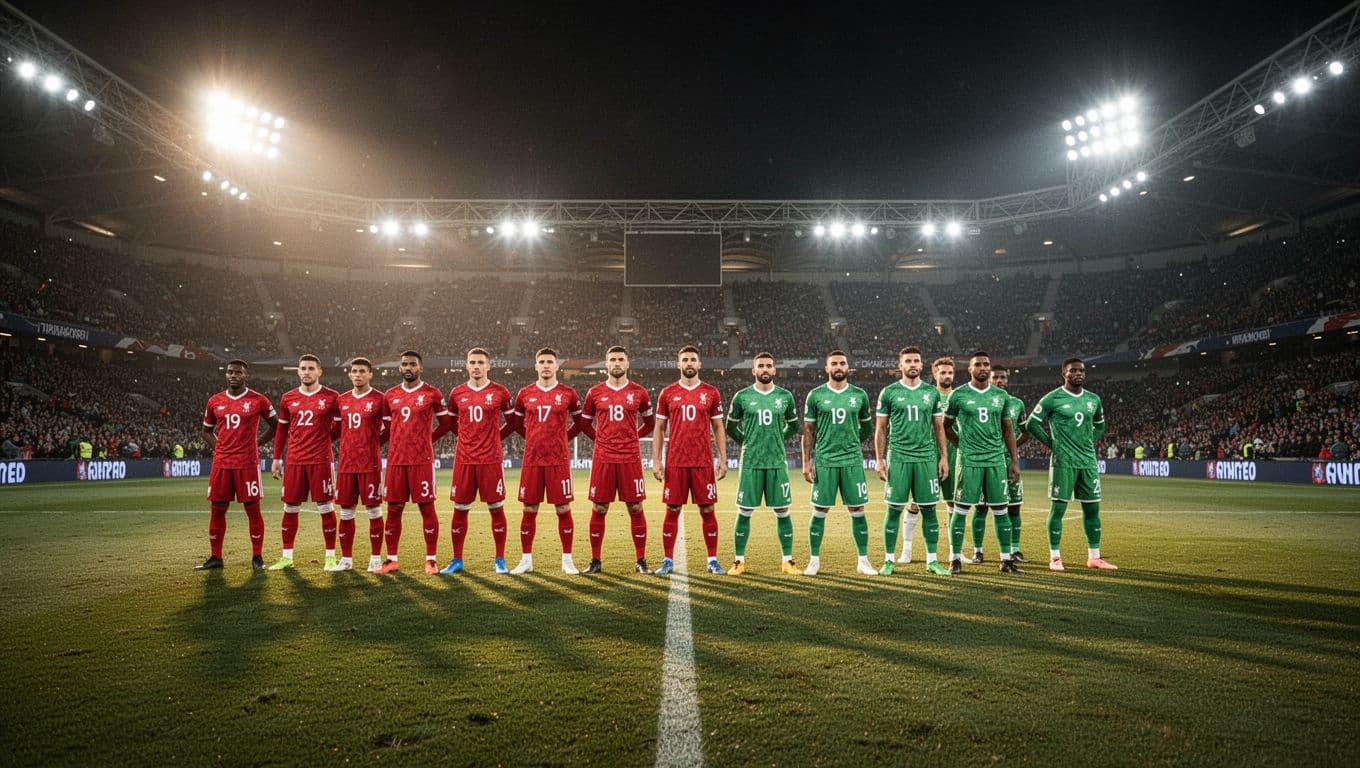 Players wearing red and green kits stand in a row upon a lush grass field under bright stadium lights. The wide angle shot captures the intense atmosphere of a professional night tournament.