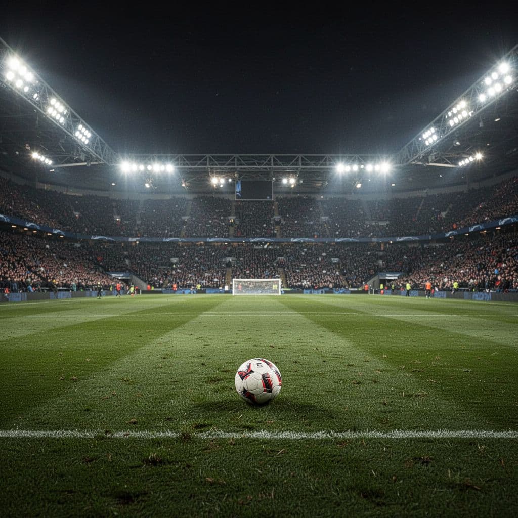 A single football rests alone on the vibrant green grass of a massive stadium. Brilliant floodlights cast a dramatic glow over the pitch, while the surrounding spectator stands remain softly blurred.